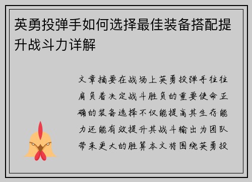 英勇投弹手如何选择最佳装备搭配提升战斗力详解