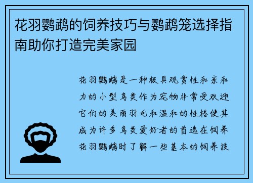 花羽鹦鹉的饲养技巧与鹦鹉笼选择指南助你打造完美家园